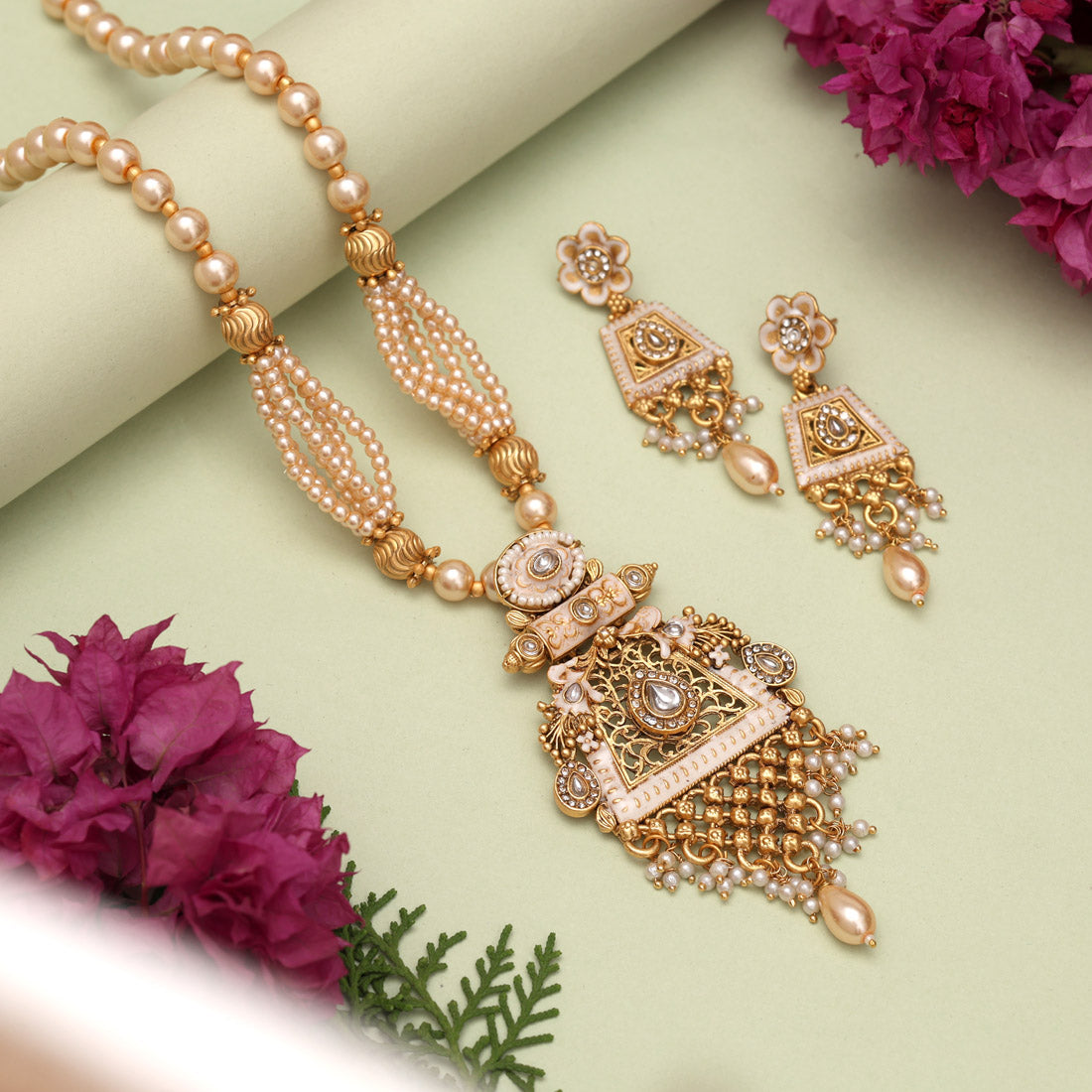 Gold Color Matte Gold Meenakari Necklace Set (MKN603GLD) Jewellery GetGlit