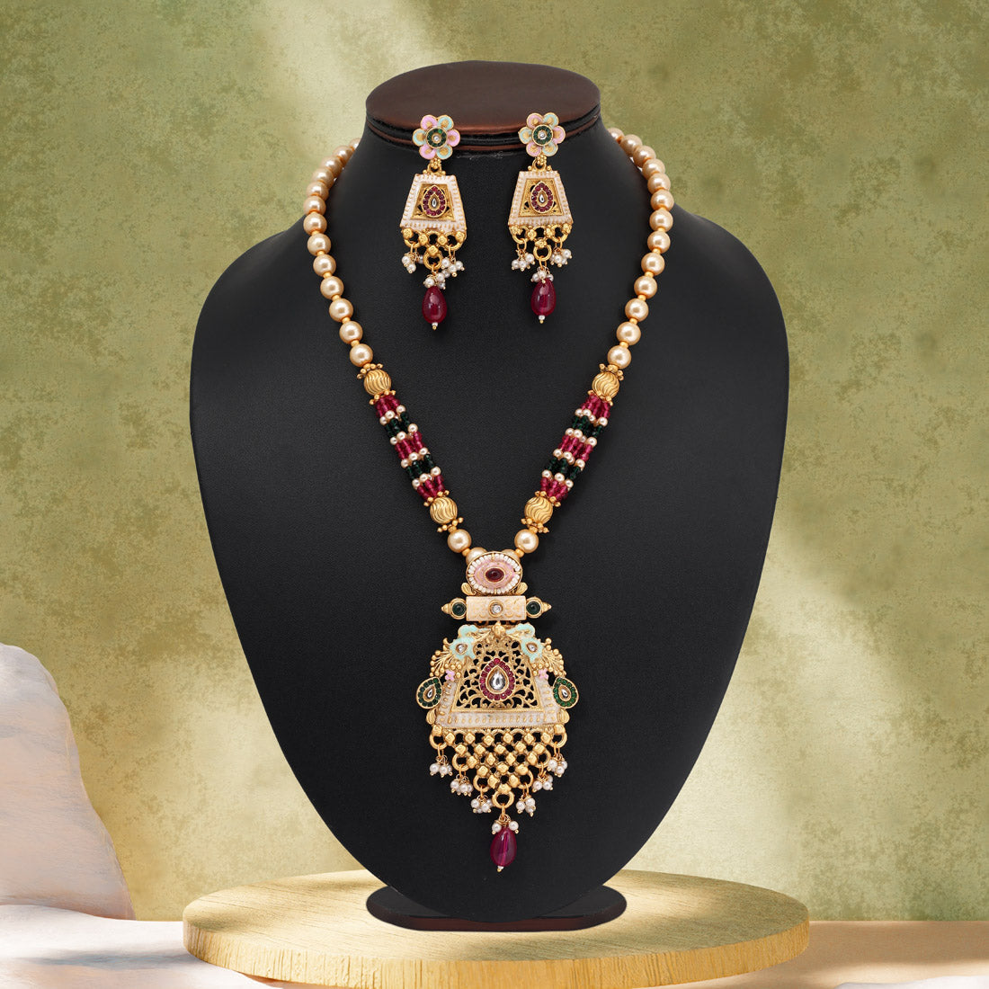 Rani & Green Color Matte Gold Meenakari Necklace Set (MKN603RNIGRN) Jewellery GetGlit