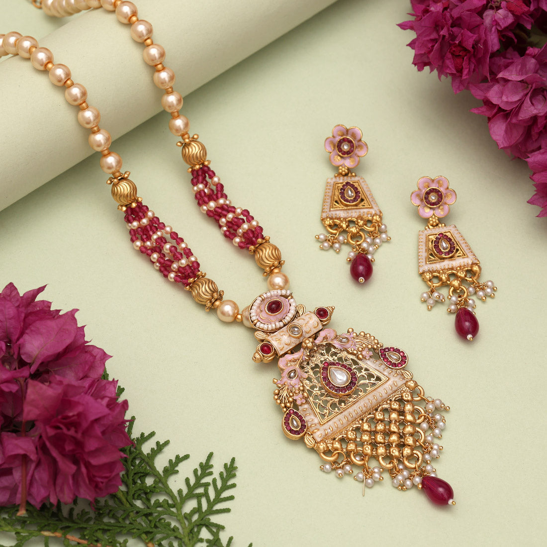 Rani Color Matte Gold Meenakari Necklace Set (MKN603RNI) Jewellery GetGlit