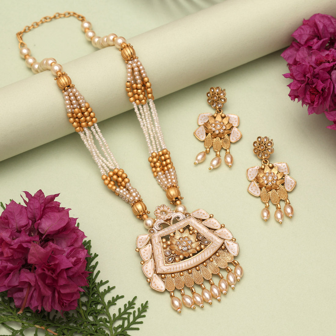 Gold Color Matte Gold Meenakari Necklace Set (MKN604GLD) Jewellery GetGlit