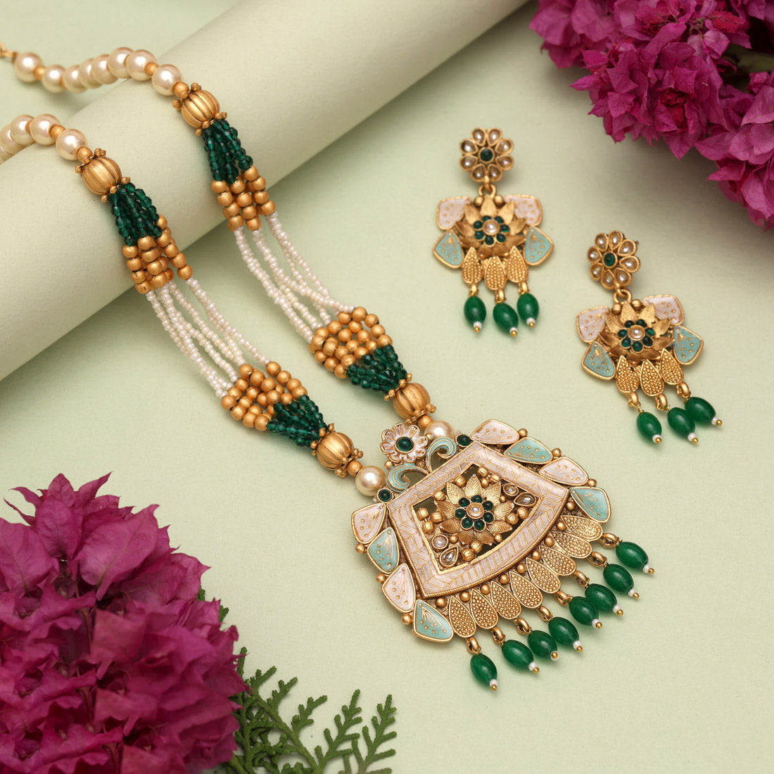 Green Color Matte Gold Meenakari Necklace Set (MKN604GRN) Jewellery GetGlit