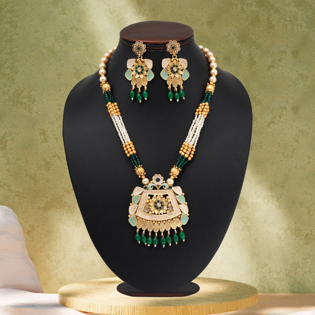 Green Color Matte Gold Meenakari Necklace Set (MKN604GRN) Jewellery GetGlit