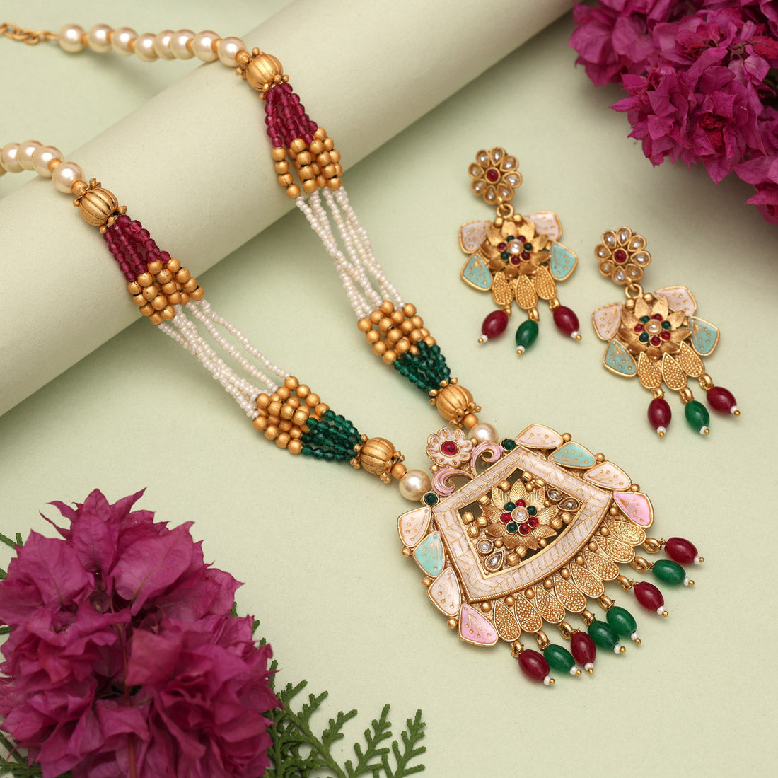 Rani & Green Color Matte Gold Meenakari Necklace Set (MKN604RNIGRN) Jewellery GetGlit