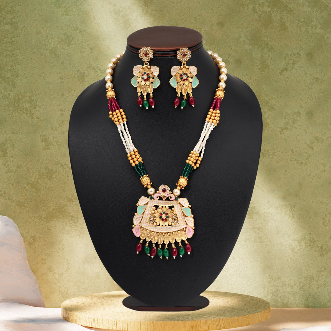 Rani & Green Color Matte Gold Meenakari Necklace Set (MKN604RNIGRN) Jewellery GetGlit