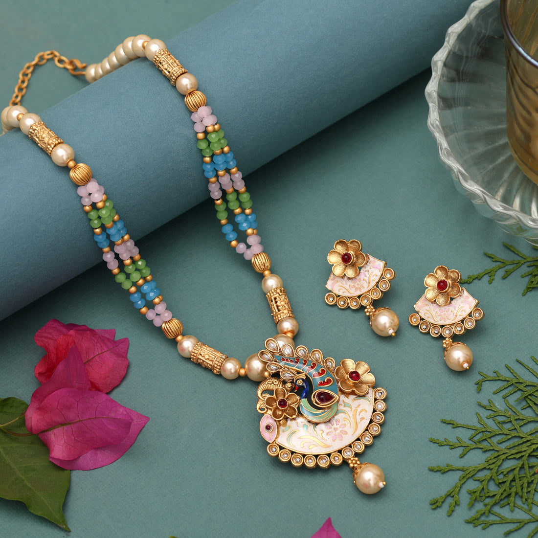 Multi Color Matte Gold Meenakari Necklace Set (MKN605MLT) Jewellery GetGlit