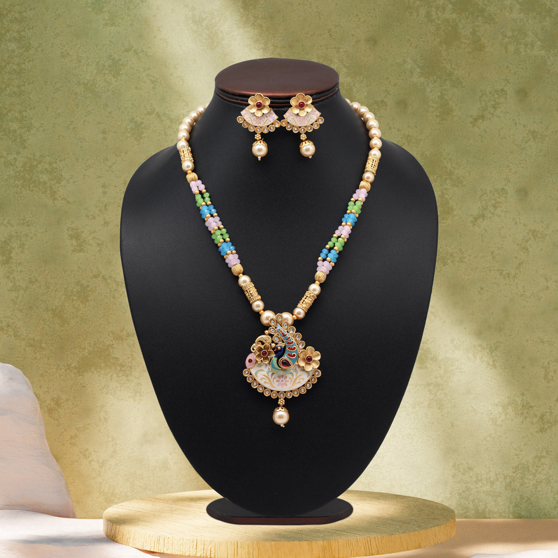 Multi Color Matte Gold Meenakari Necklace Set (MKN605MLT)