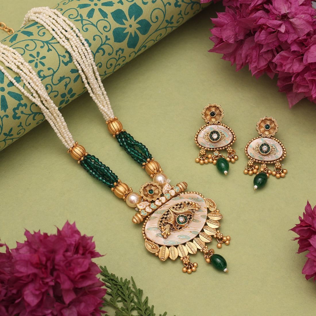 Green Color Matte Gold Meenakari Necklace Set (MKN608GRN) Jewellery GetGlit