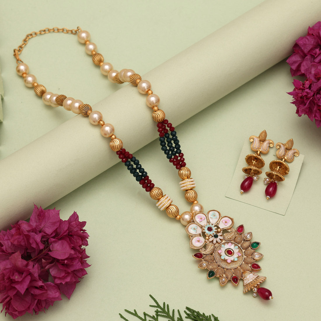 Maroon & Green Color Matte Gold Meenakari Necklace Set (MKN609MG) Jewellery GetGlit