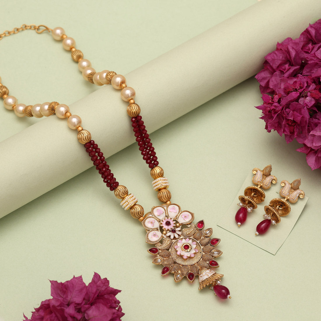 Maroon Color Matte Gold Meenakari Necklace Set (MKN609MRN) Jewellery GetGlit