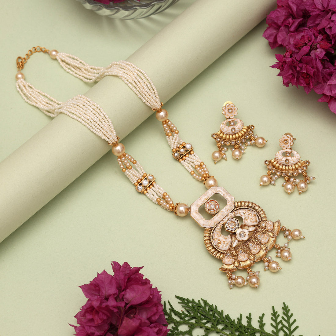 Gold Color Matte Gold Meenakari Necklace Set (MKN610GLD) Jewellery GetGlit