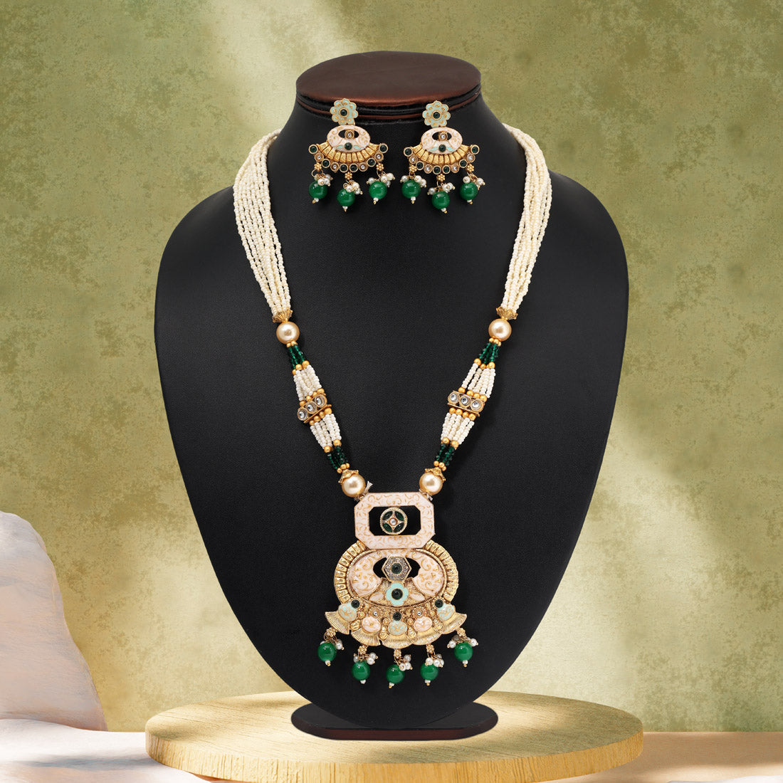 Green Color Matte Gold Meenakari Necklace Set (MKN610GRN)