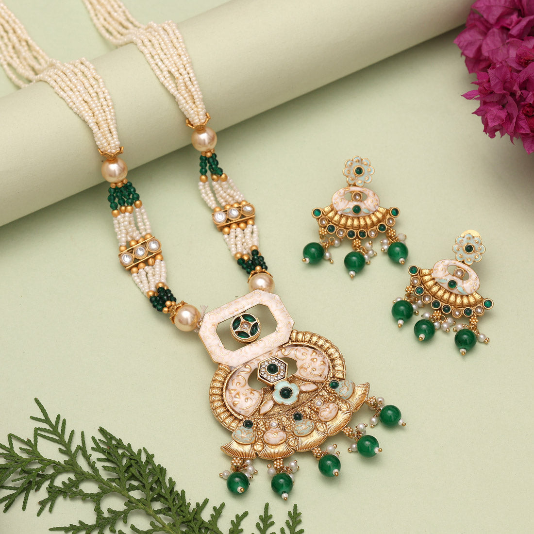 Green Color Matte Gold Meenakari Necklace Set (MKN610GRN) Jewellery GetGlit