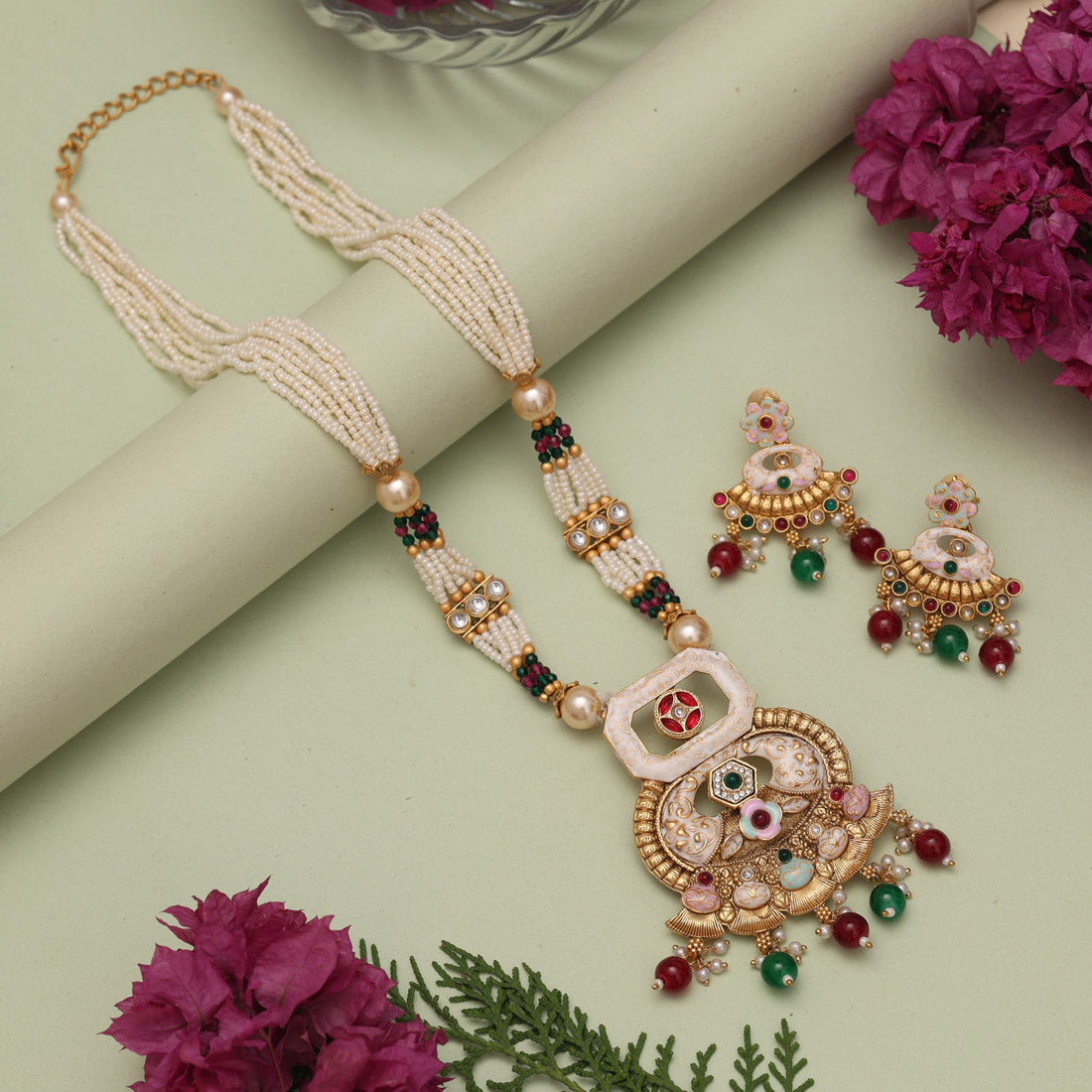 Maroon & Green Color Matte Gold Meenakari Necklace Set (MKN610MG) Jewellery GetGlit