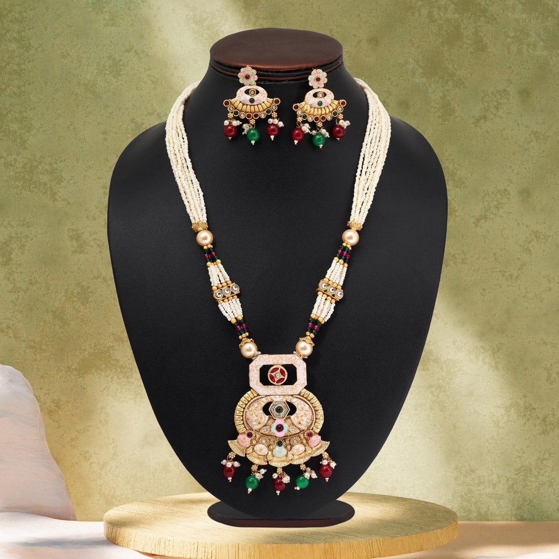 Maroon & Green Color Matte Gold Meenakari Necklace Set (MKN610MG)