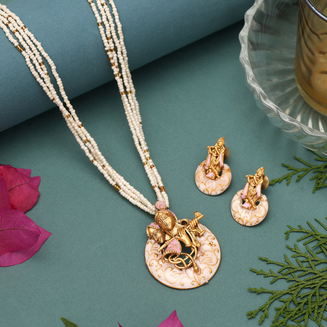 Pink Color Lord Radha Krishna Matte Gold Meenakari Necklace Set (MKN611PNK) Jewellery GetGlit