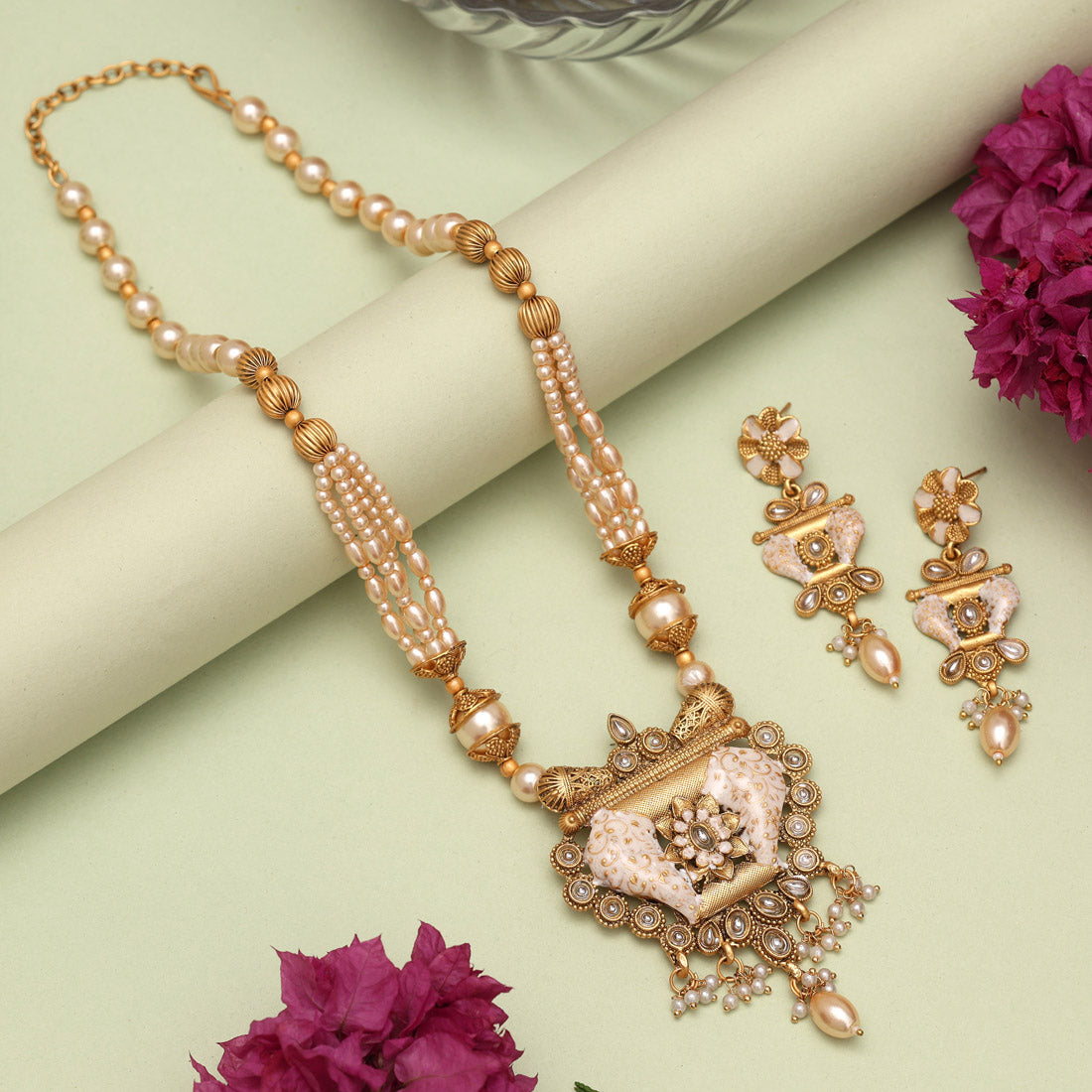 Gold Color Matte Gold Meenakari Necklace Set (MKN612GLD) Jewellery GetGlit