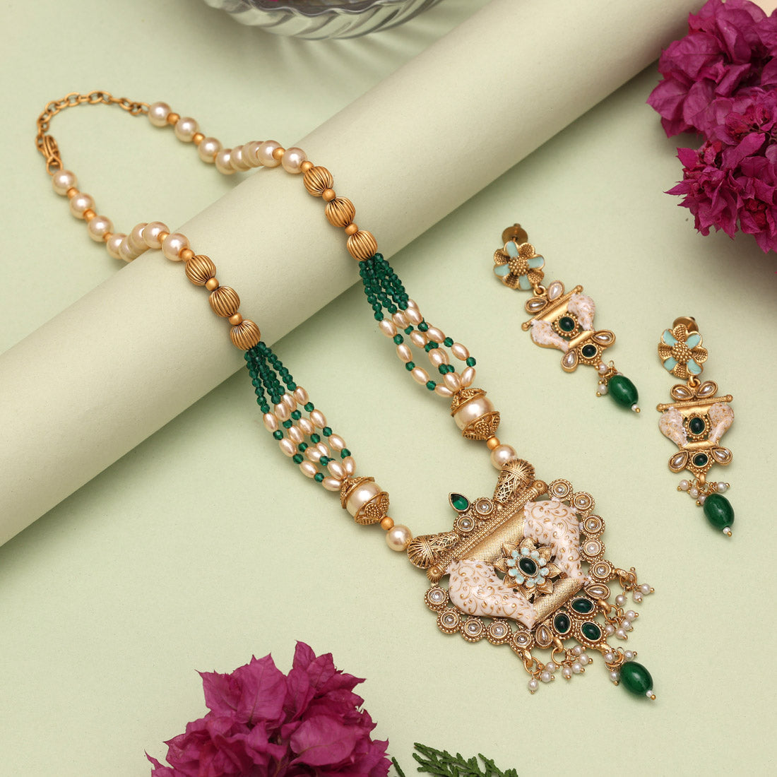Green Color Matte Gold Meenakari Necklace Set (MKN612GRN) Jewellery GetGlit
