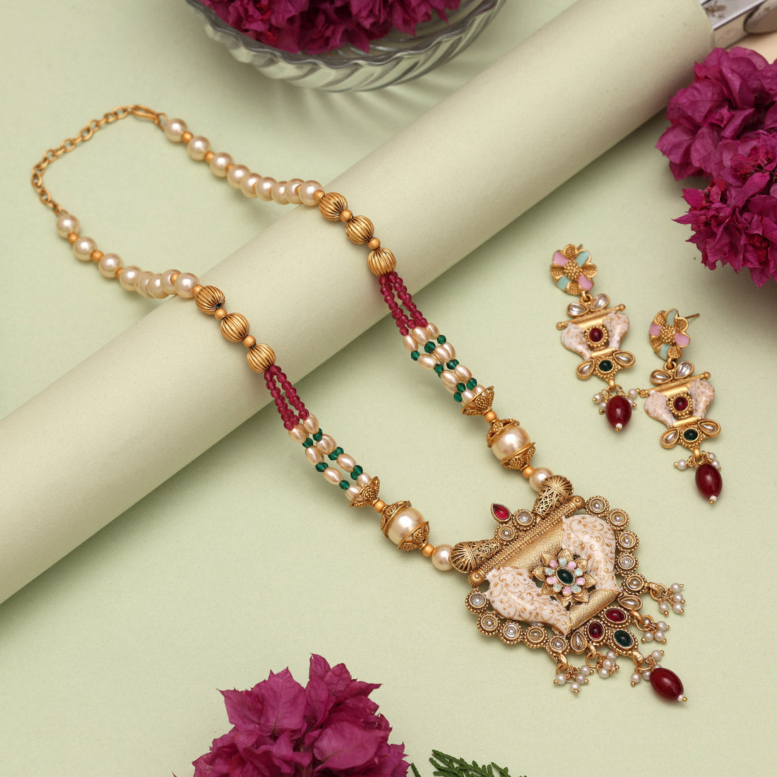 Rani & Green Color Matte Gold Meenakari Necklace Set Jewellery GlitStudio