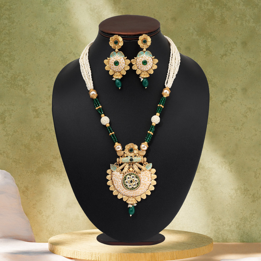 Green Color Matte Gold Meenakari Necklace Set (MKN615GRN)