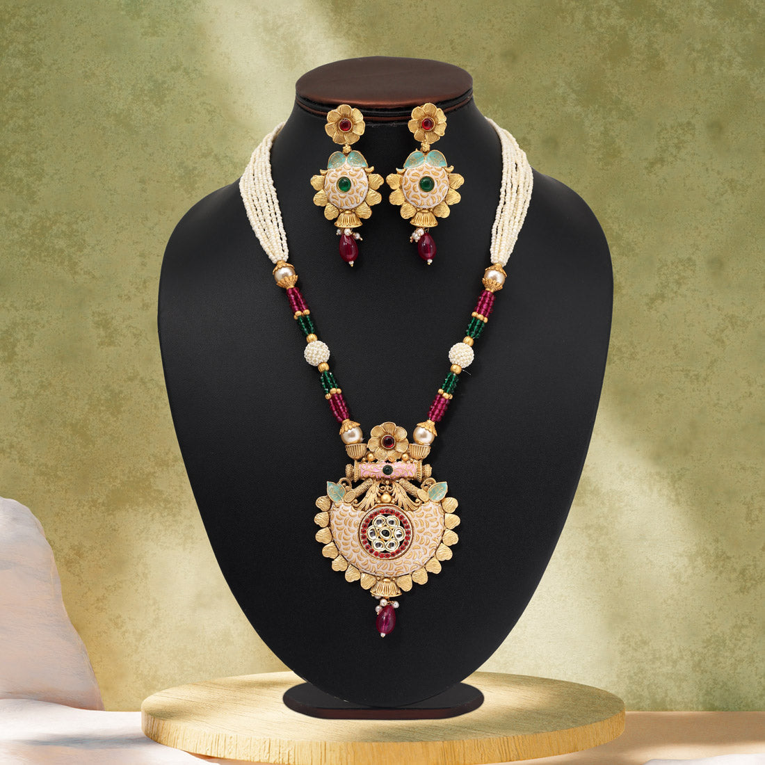 Rani & Green Color Matte Gold Meenakari Necklace Set (MKN615RNIGRN) Jewellery GetGlit