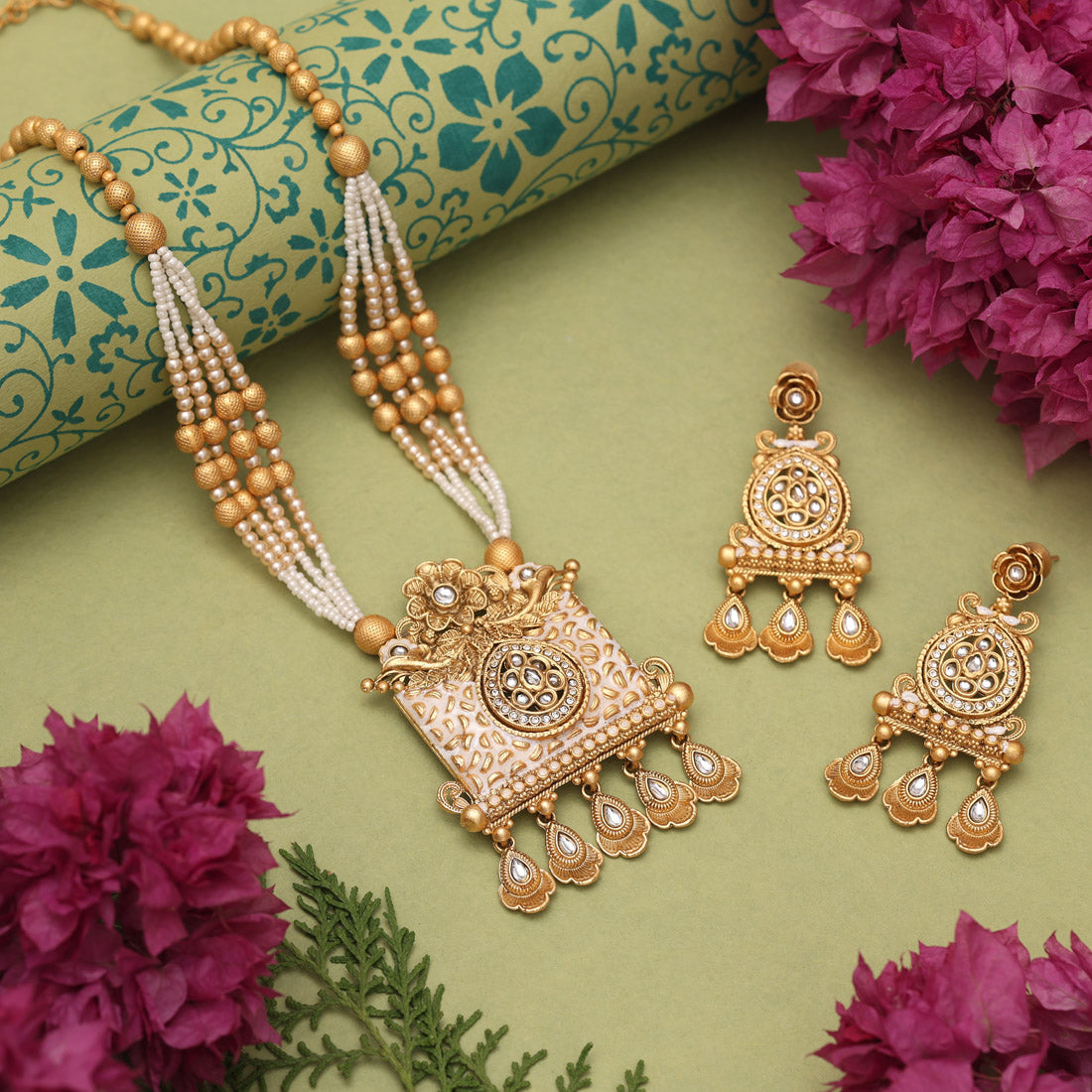 Gold Color Matte Gold Meenakari Necklace Set (MKN616GLD) Jewellery GetGlit