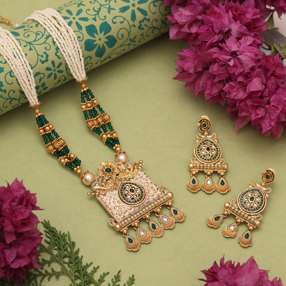 Green Color Matte Gold Meenakari Necklace Set (MKN616GRN) Jewellery GetGlit