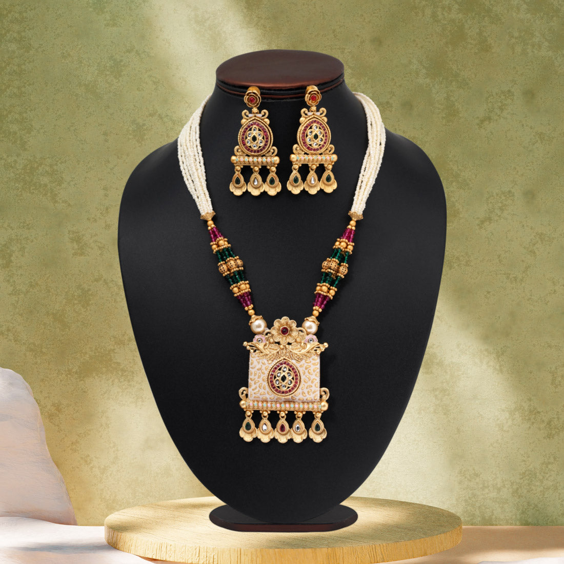 Rani & Green Color Matte Gold Meenakari Necklace Set (MKN616RNIGRN) Jewellery GetGlit