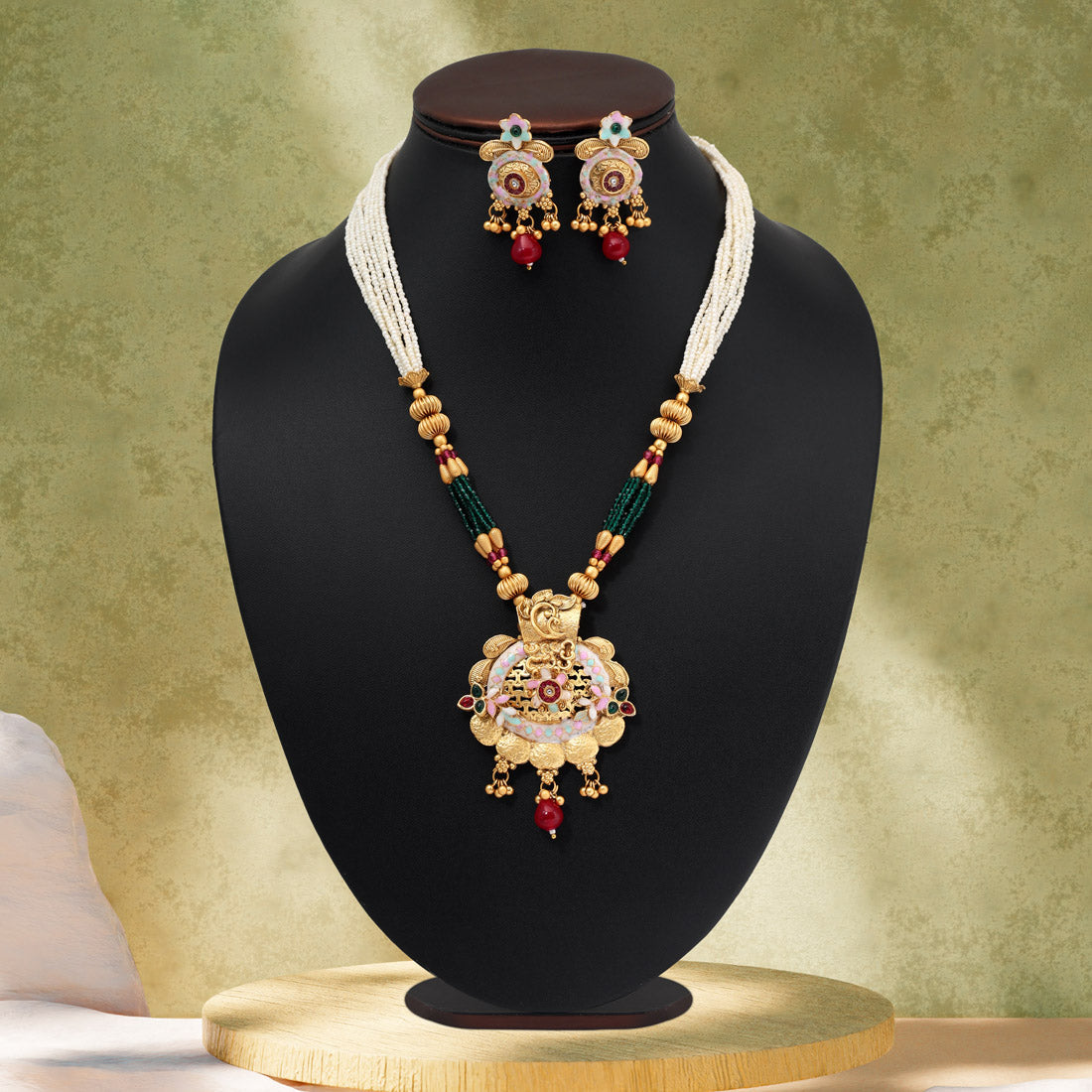 Rani & Green Color Matte Gold Meenakari Necklace Set (MKN617RNIGRN)