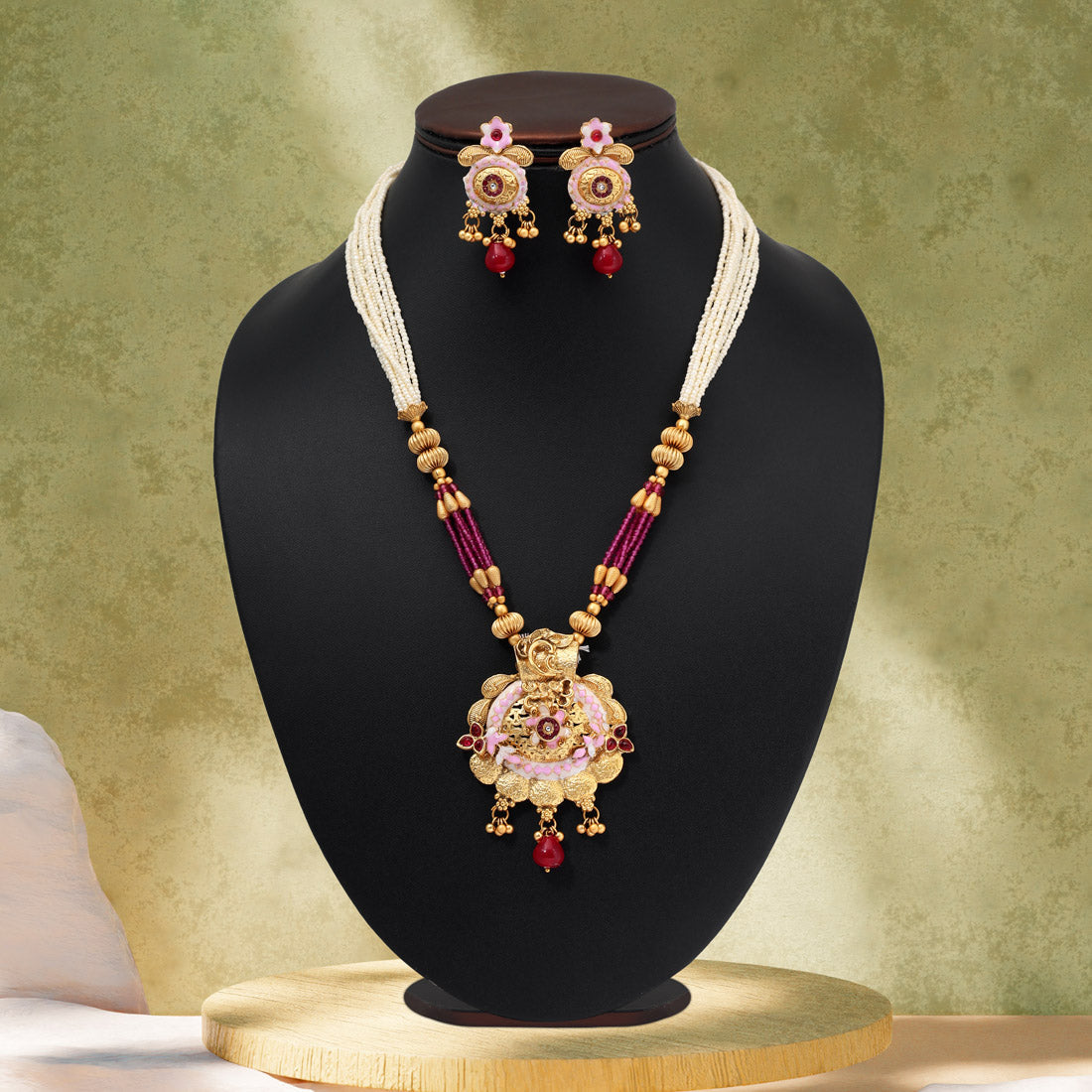 Rani Color Matte Gold Meenakari Necklace Set (MKN617RNI) Jewellery GetGlit