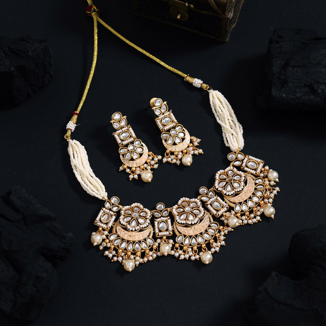 Gold Color Choker Matte Gold Meenakari Necklace Set Jewellery GetGlit