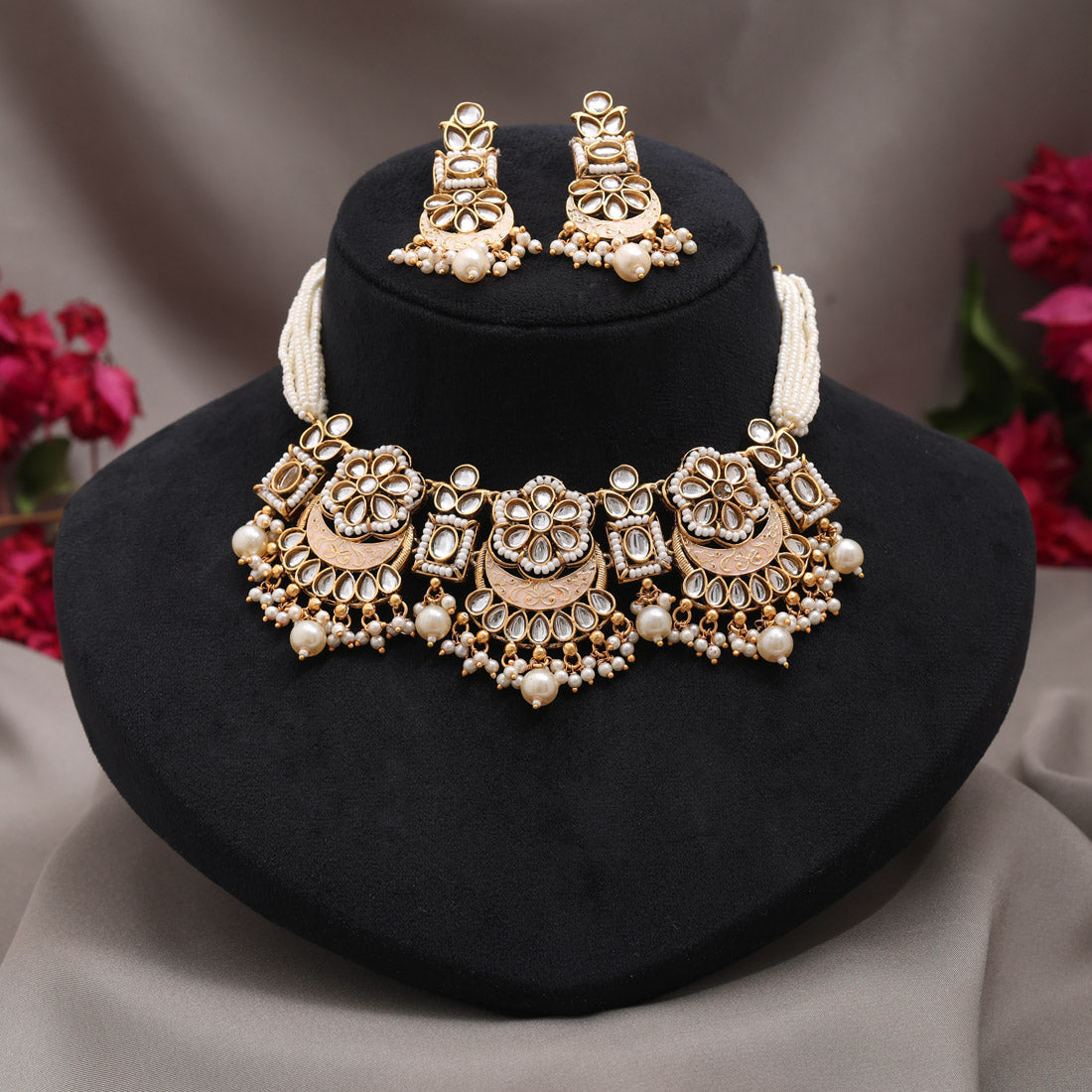 Gold Color Choker Matte Gold Meenakari Necklace Set