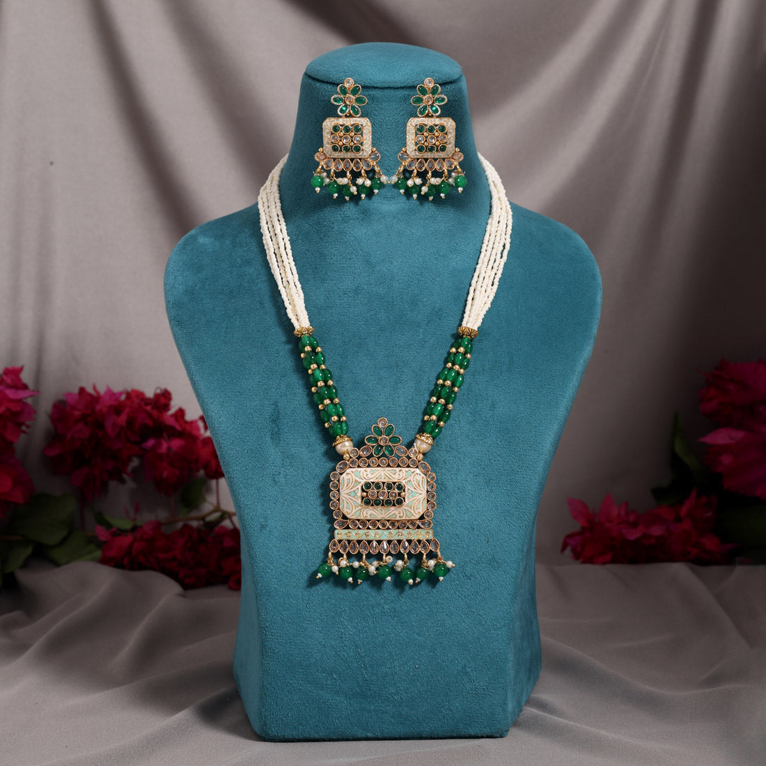 Green Color Matte Gold Meenakari Necklace Set Jewellery GetGlit