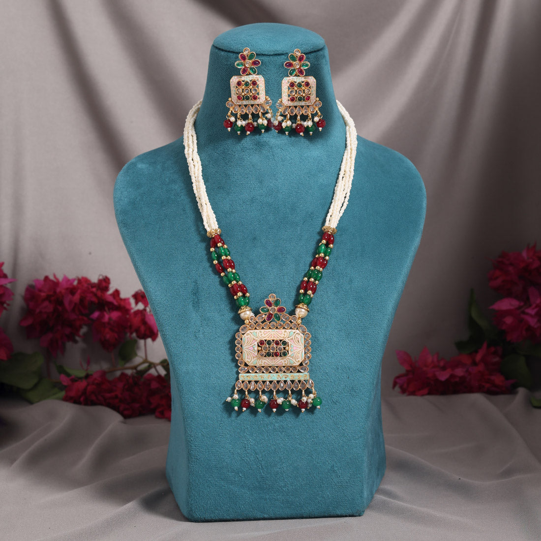 Maroon & Green Color Matte Gold Meenakari Necklace Set