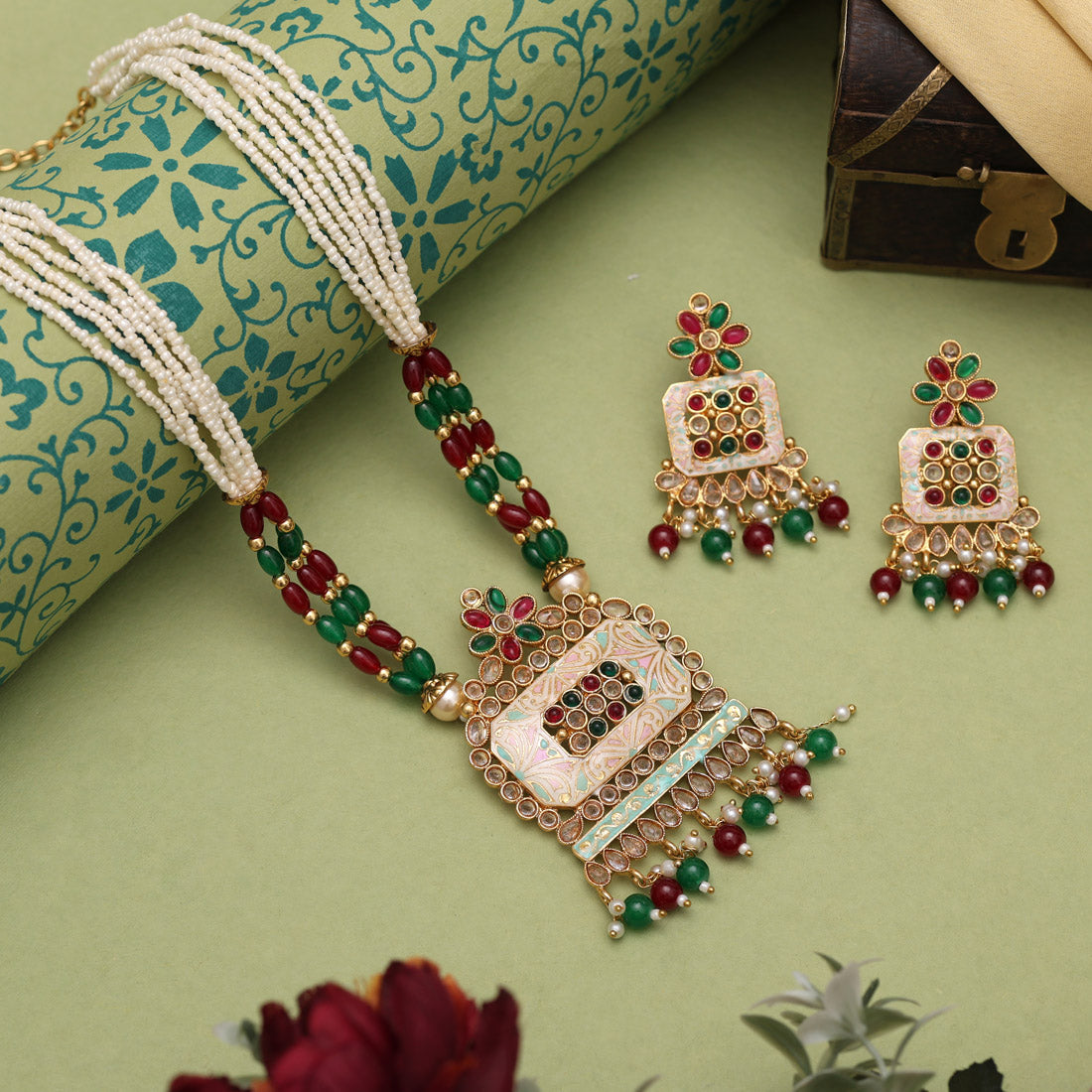 Maroon & Green Color Matte Gold Meenakari Necklace Set Jewellery GetGlit