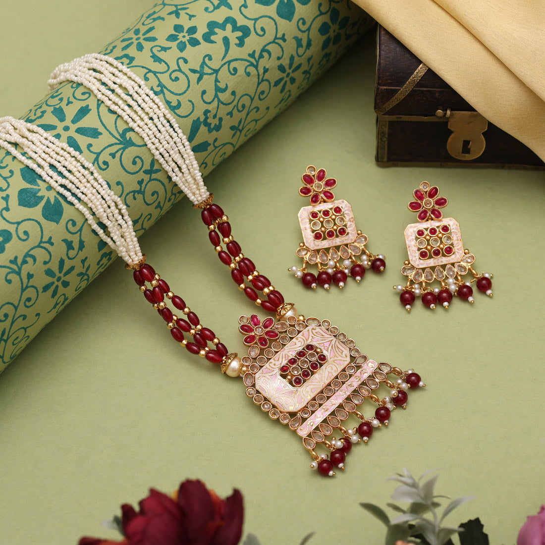 Maroon Color Matte Gold Meenakari Necklace Set Jewellery GetGlit