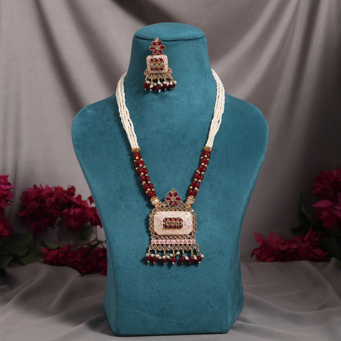 Maroon Color Matte Gold Meenakari Necklace Set Jewellery GetGlit