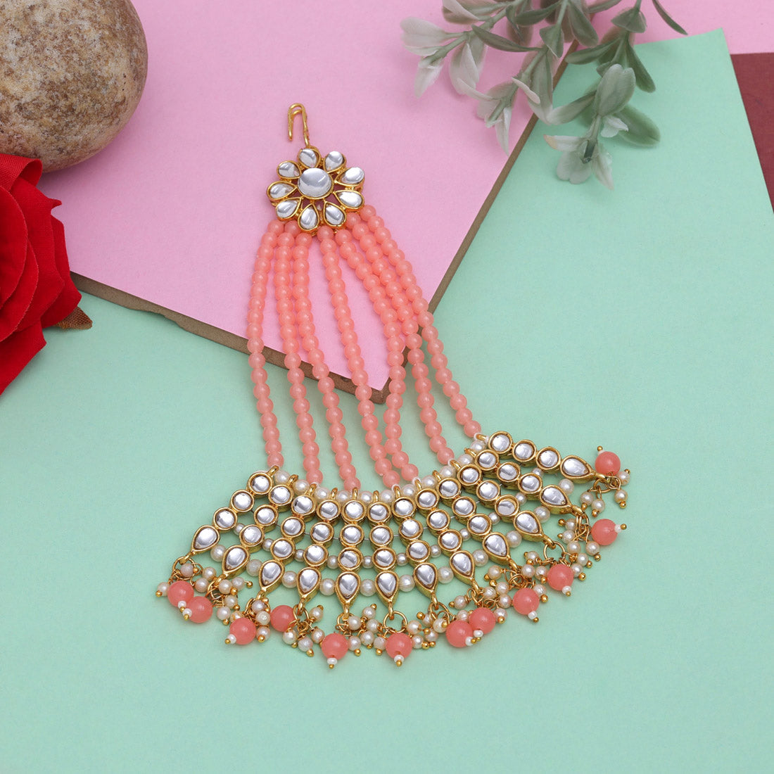 Peach Color Kundan Maang Pasa (MPS184PCH) Jewellery GetGlit   