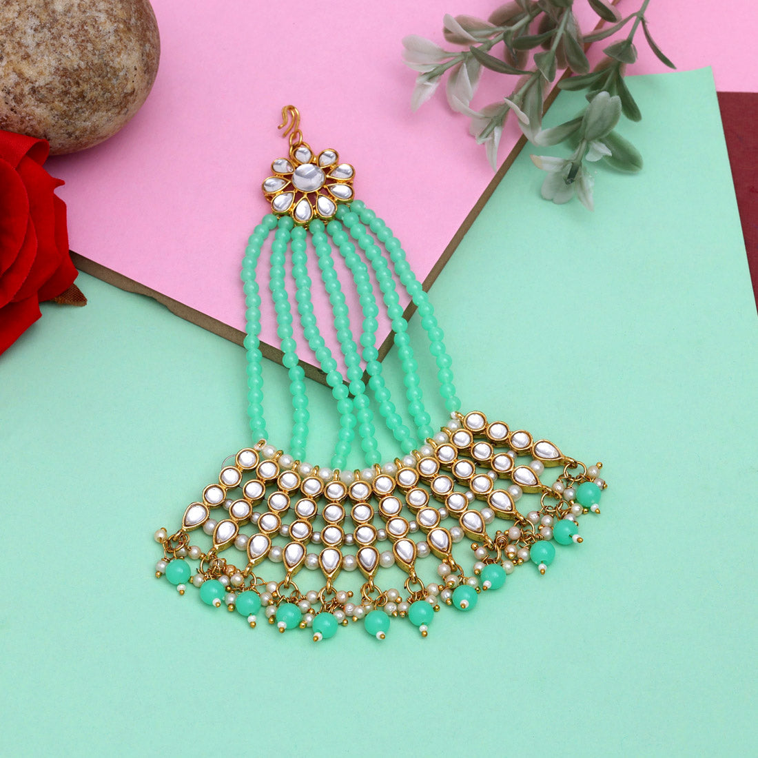 Parrot Green Color Kundan Maang Pasa (MPS184PGRN) Jewellery GetGlit   