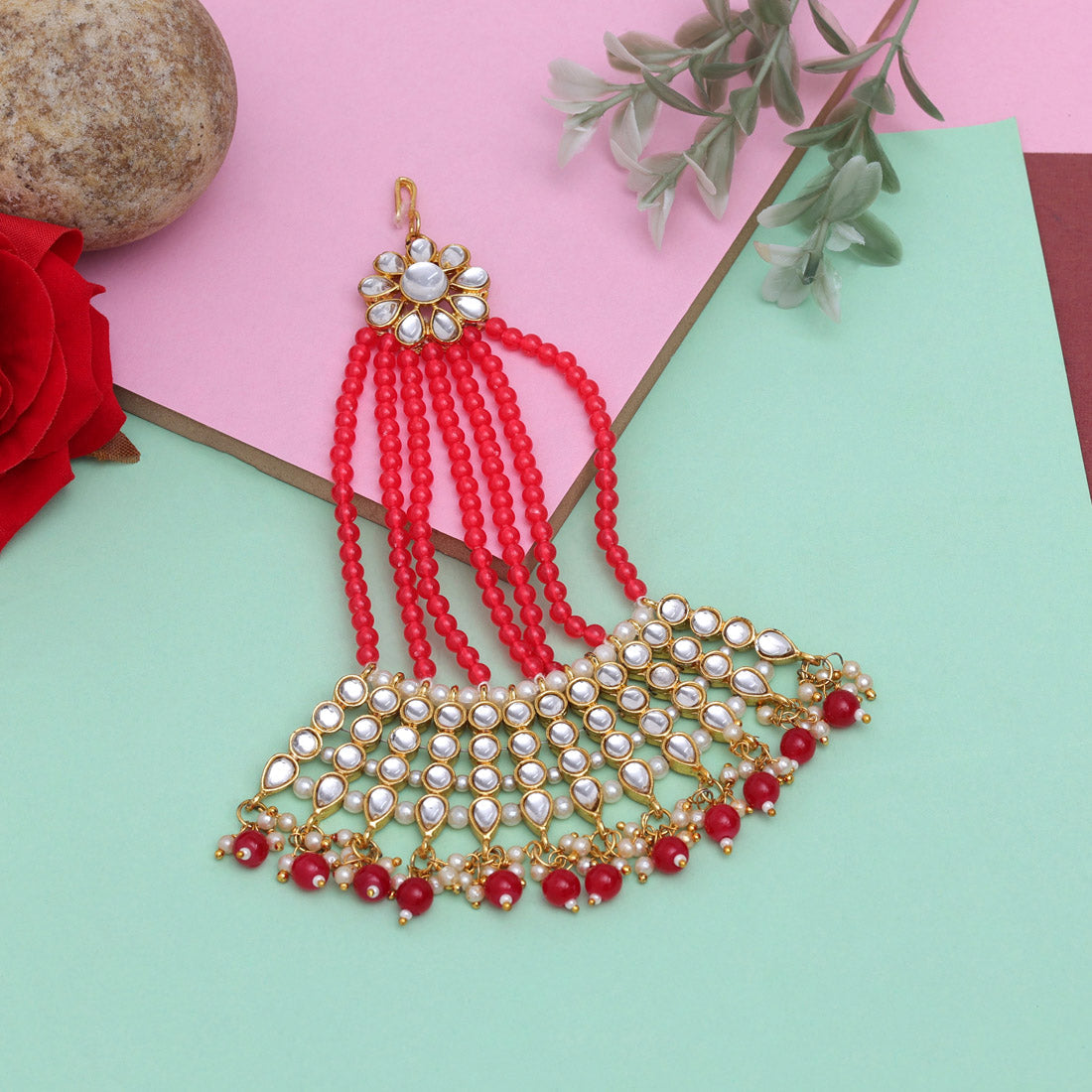 Red Color Kundan Maang Pasa (MPS184RED)  GetGlit   