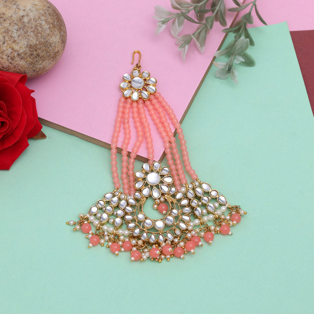 Peach Color Kundan Maang Pasa (MPS185PCH) Jewellery GetGlit   