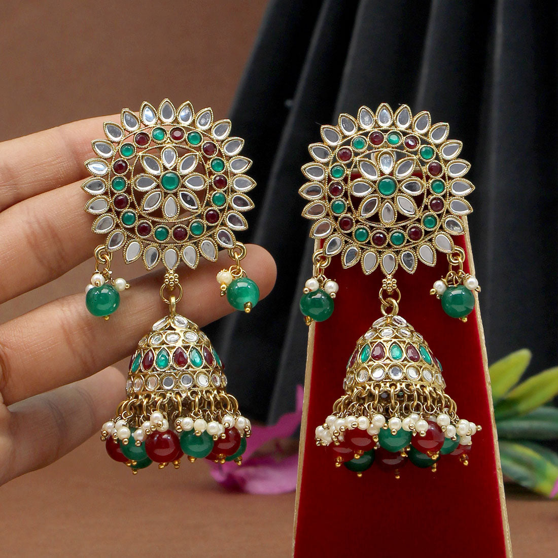 Maroon & Green Color Mirror Earrings (MRE125MG) Jewellery GetGlit