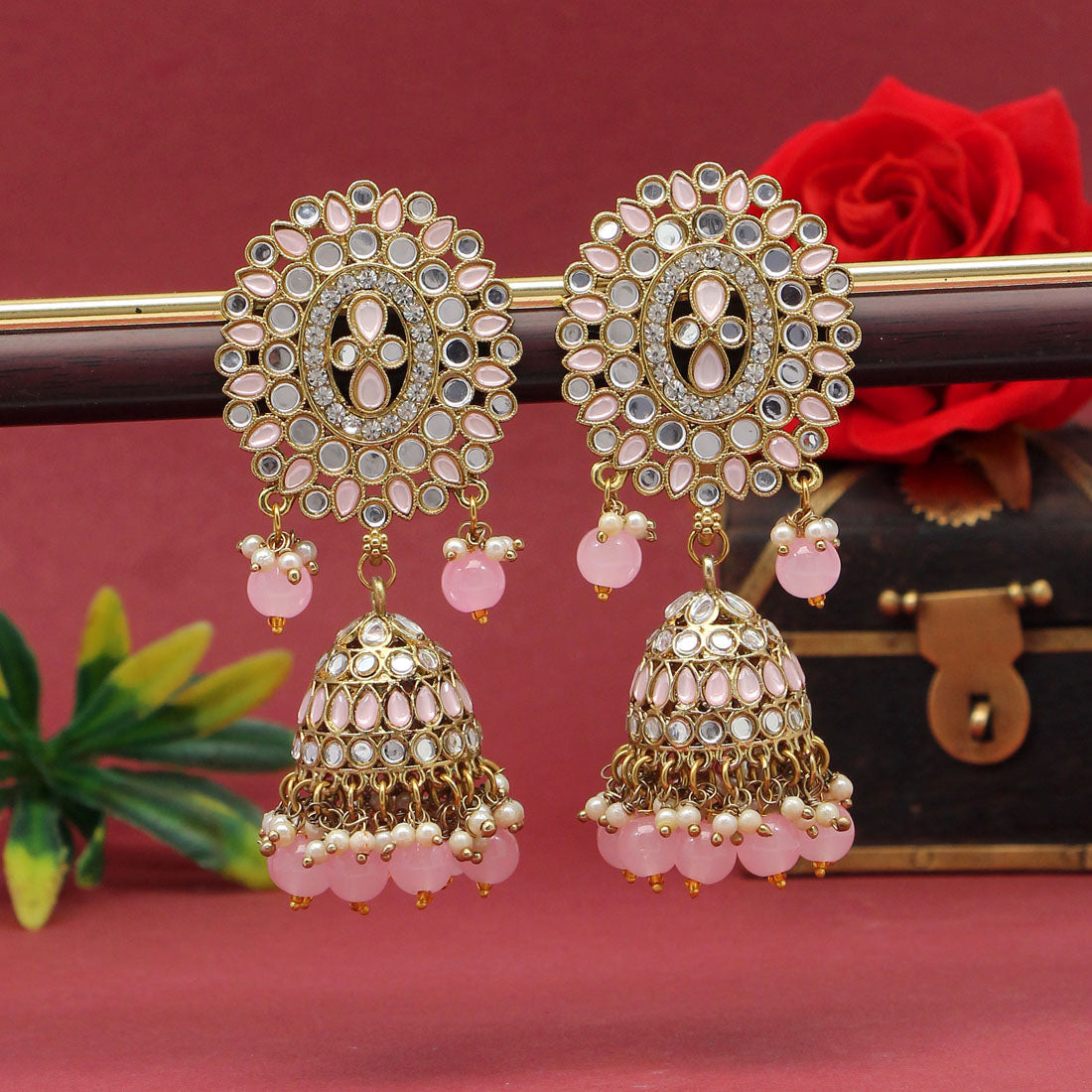 Pink Color Mirror Earrings (MRE126PNK) Jewellery GetGlit