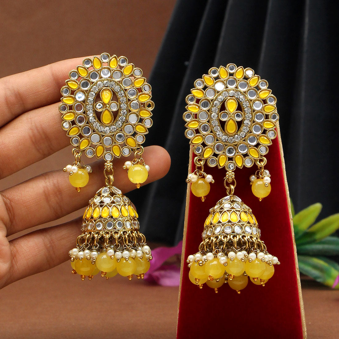 Yellow Color Mirror Earrings (MRE126YLW) Jewellery GetGlit