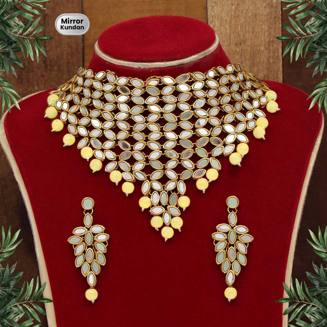 Lemon Yellow Color Kundan Mirror Necklaces Set (MRN101LYLW) Jewellery GetGlit