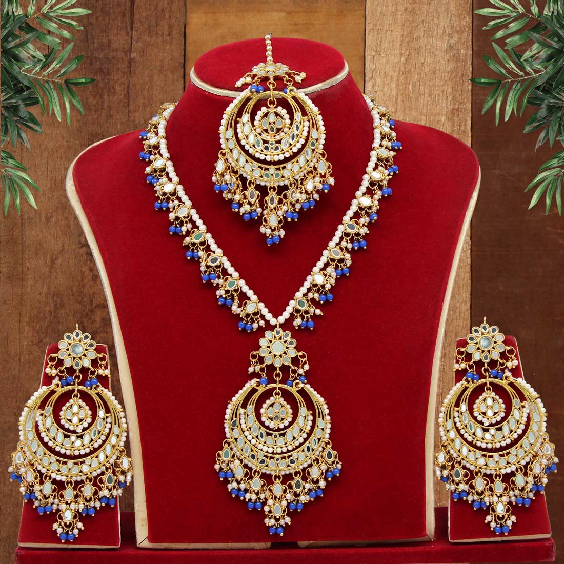 Blue Color Kundan Mirror Necklaces Set