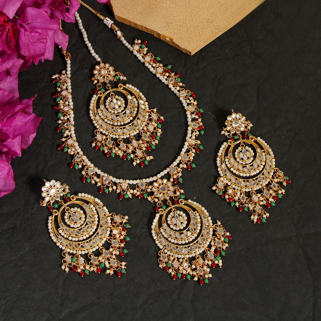 Maroon & Green Color Kundan Mirror Necklaces Set