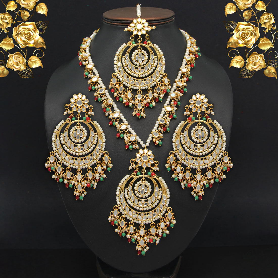 Maroon & Green Color Kundan Mirror Necklaces Set Jewellery GetGlit