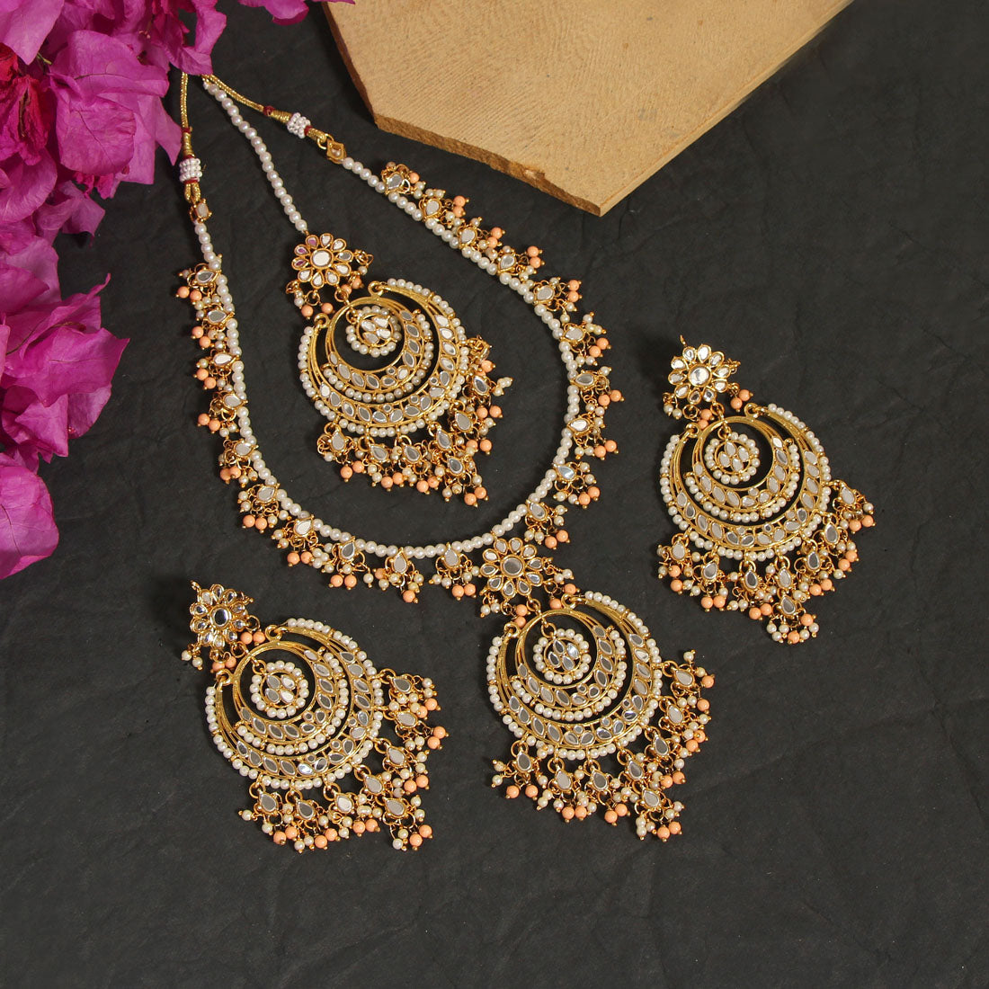 Peach Color Kundan Mirror Necklaces Set Jewellery GetGlit