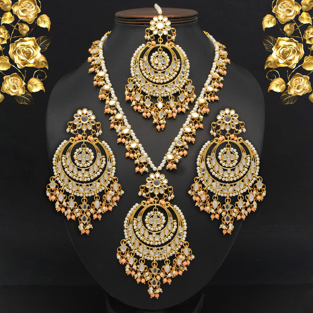 Peach Color Kundan Mirror Necklaces Set