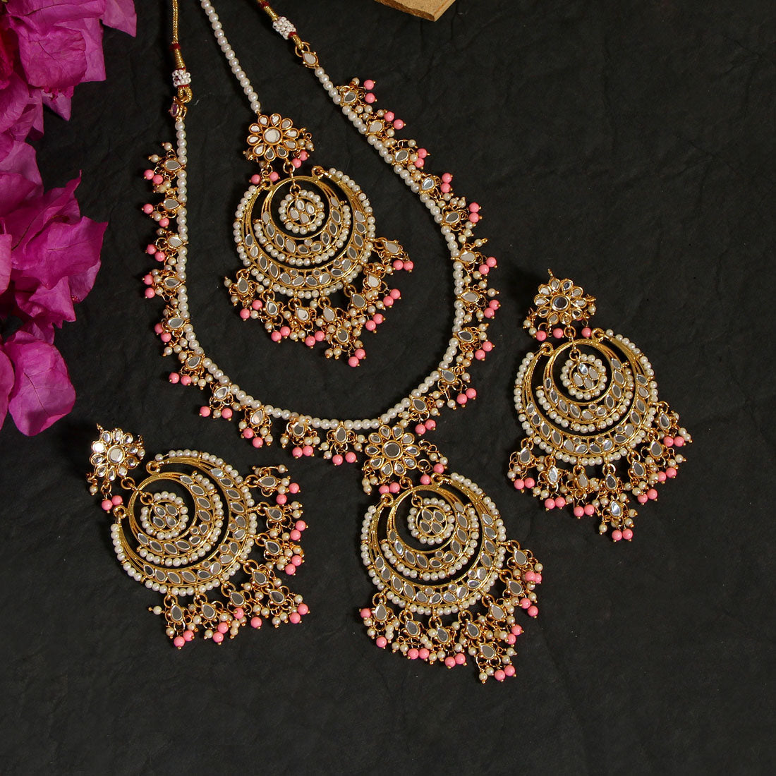 Pink Color Kundan Mirror Necklaces Set Jewellery GetGlit